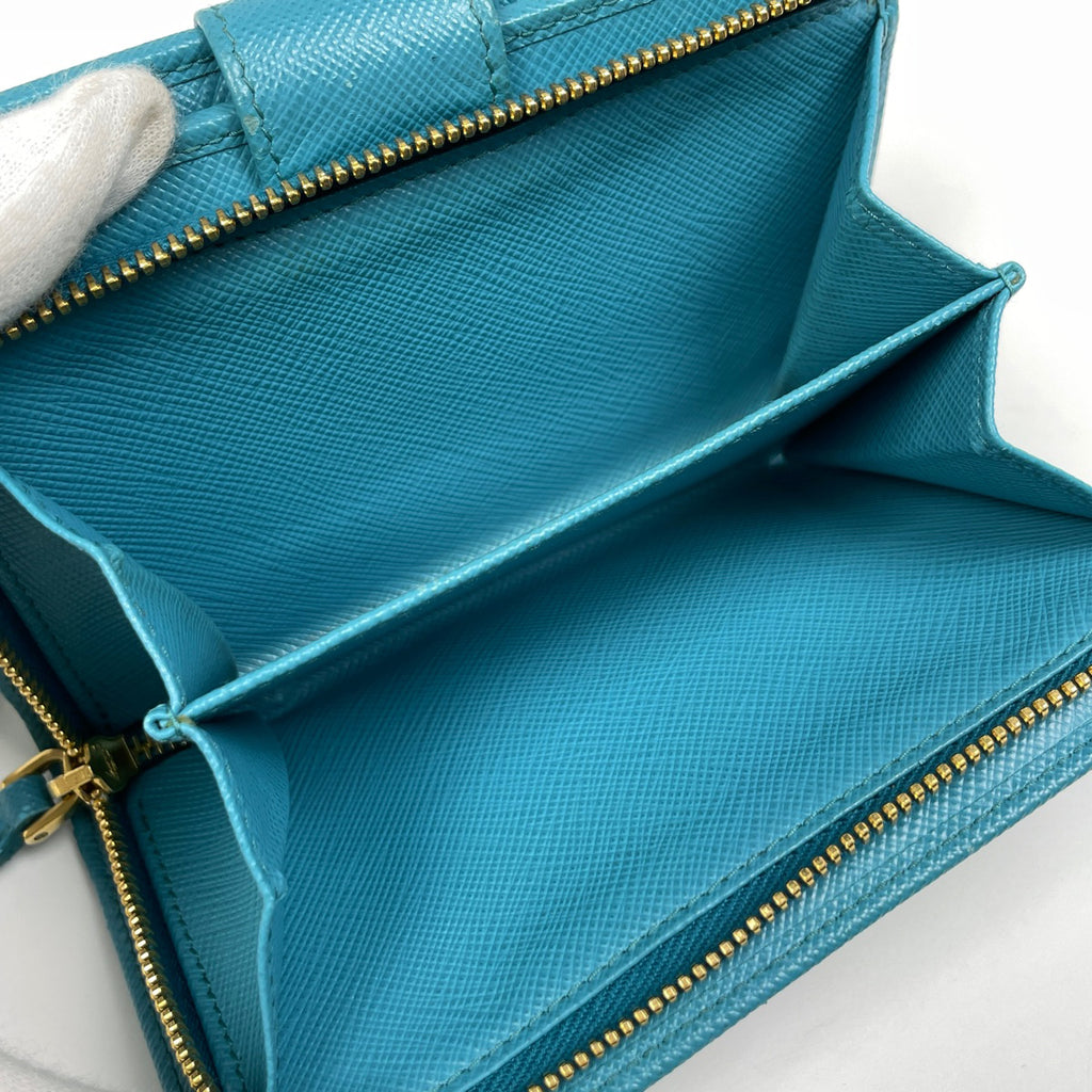 プラダ ロゴ 二つ折り財布 L字ファスナー 二つ折り財布 レザー ブルー レディース 【中古】brbag