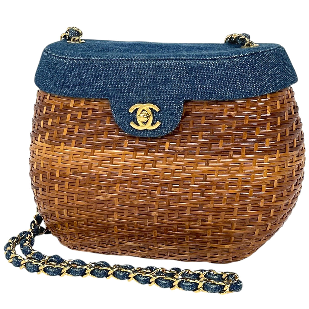 【最終値引き】 シャネル ショルダーバッグ カゴバッグ ターンロック ラタン ブラウン ブルー レディース 中古 brbag