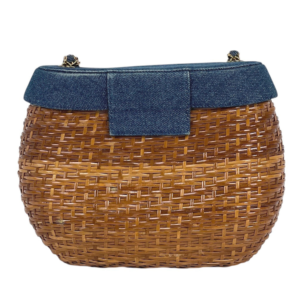 【最終値引き】 シャネル ショルダーバッグ カゴバッグ ターンロック ラタン ブラウン ブルー レディース 中古 brbag