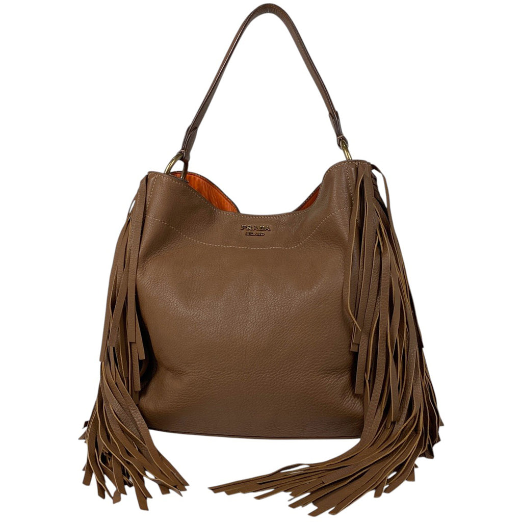 プラダ ロゴ トートバッグ ショルダーバッグ フリンジ トートバッグ レザー ブラウン BR4975 レディース 【中古】brbag