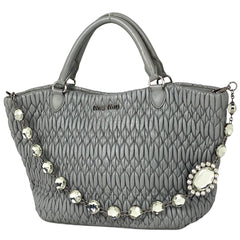 【在庫一掃】 ミュウ ミュウ マテラッセ ハンドバッグ ロゴ クリスタル 2WAY ショルダーバッグ ハンドバッグ レザー グレー レディース 【中古】brbag