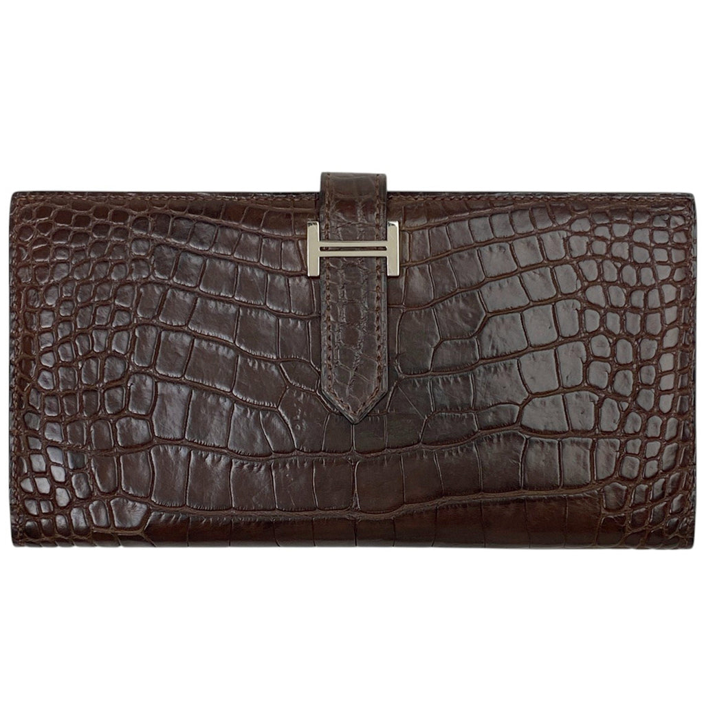 エルメス ベアン スフレ Hロゴ 二つ折り 長財布 アリゲーター ダークブラウン □H レディース 【中古】brbag
