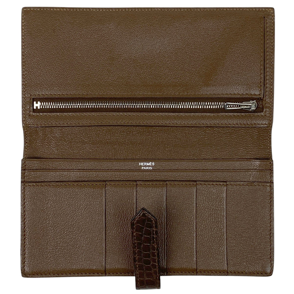 エルメス ベアン スフレ Hロゴ 二つ折り 長財布 アリゲーター ダークブラウン □H レディース 【中古】brbag