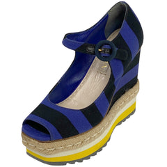 プラダ オープントゥ サンダル 厚底 エスパドリーユ 靴 サンダル キャンバス ブルー ブラック イエロー レディース 【中古】