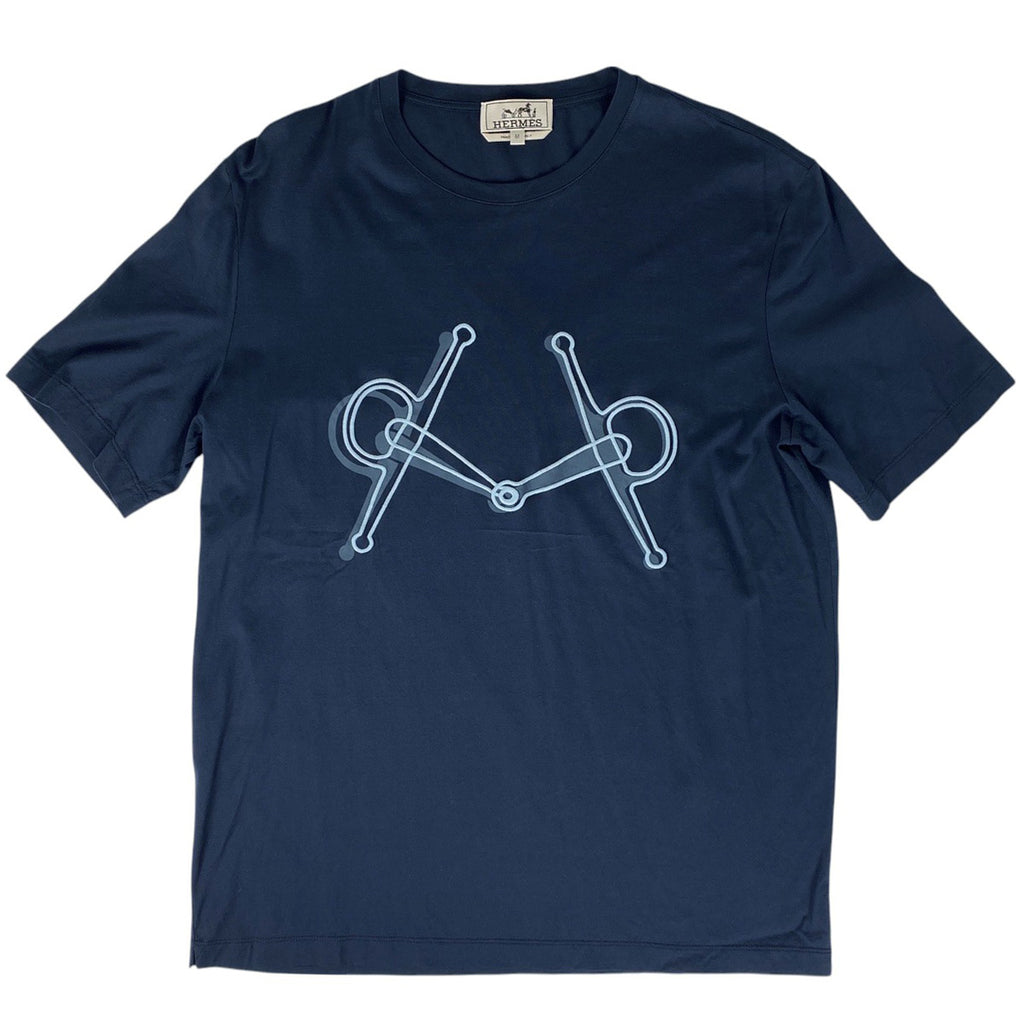 エルメス ロゴ 半袖 Tシャツ ホースビット クールネック トップス 半袖Ｔシャツ 綿 ネイビー レディース 【中古】brapp
