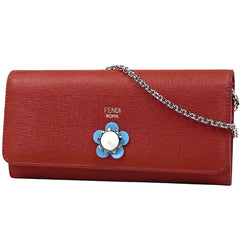 フェンディ ロゴ 二つ折り 長財布 チェーンウォレット フラワー 長財布 レザー レッド レディース 【中古】 brbag