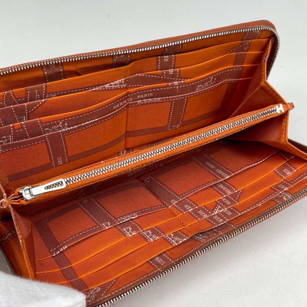 エルメス アザップ ロング シルクイン ラウンドファスナー スカーフ 長財布 レザー オレンジ □O レディース 【中古】brbag