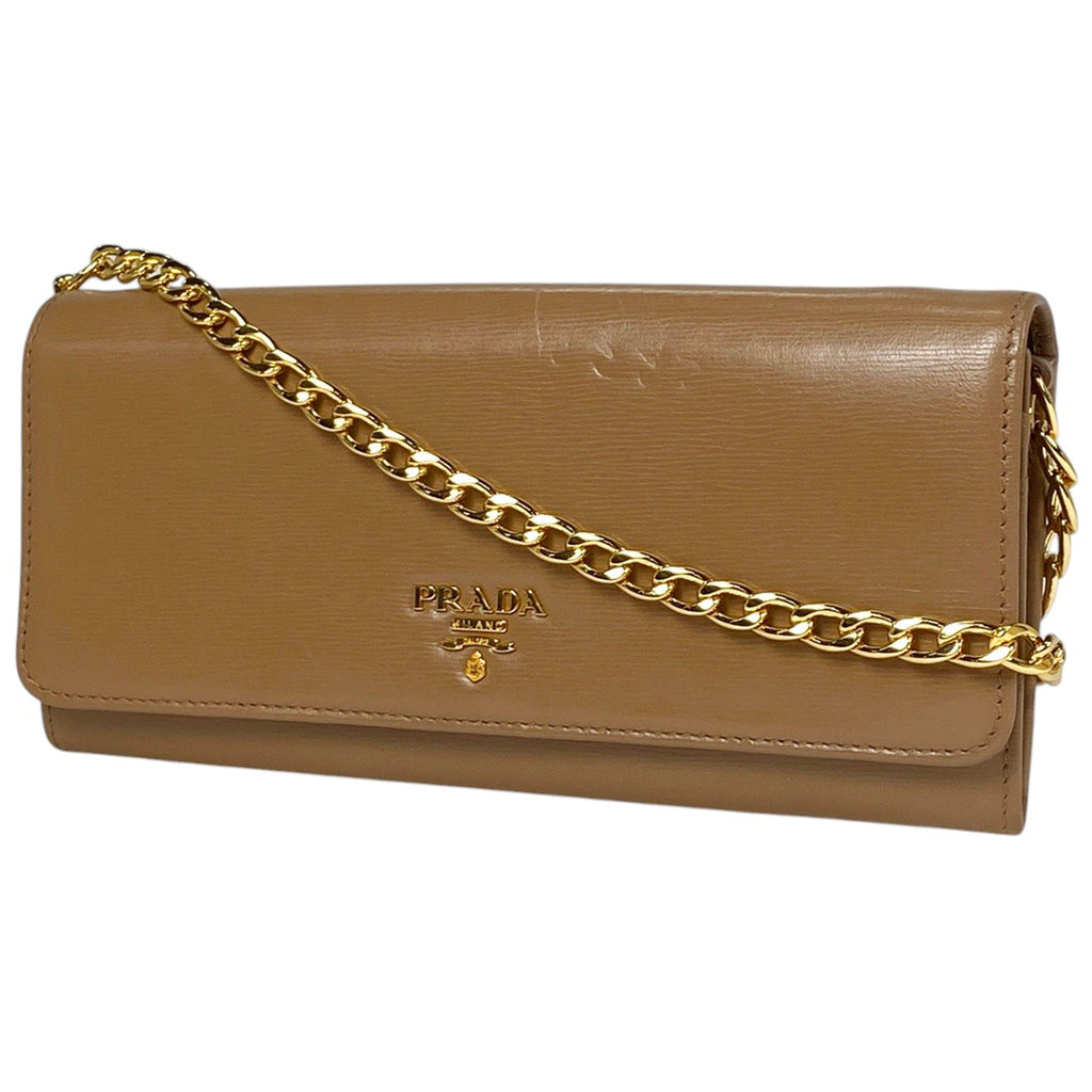 プラダ ロゴ チェーン ウォレット 長財布 ショルダーバッグ レザー ブラウン 1MT290 レディース 【中古】brbag