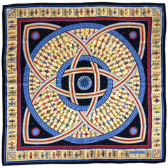 エルメス カレ 90 DONNER LA MAIN 手を差しのべる スカーフ シルク ネイビー ベージュ マルチカラー レディース 【中古】 brbag