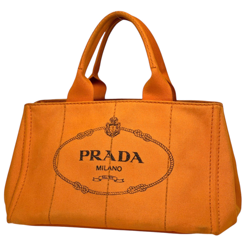 プラダ カナパ トート ハンドバッグ ロゴプレート トートバッグ キャンバス オレンジ レディース 【中古】brbag