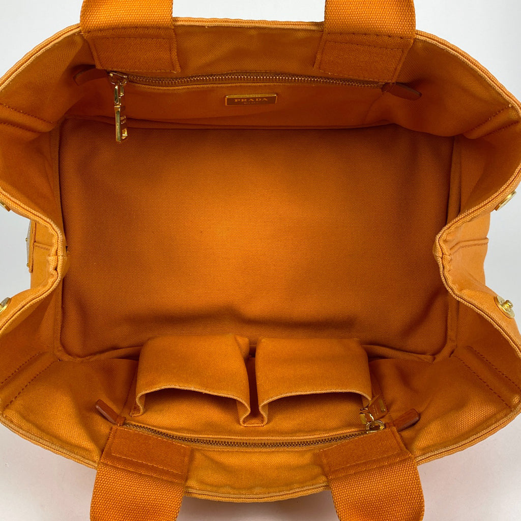 プラダ カナパ トート ハンドバッグ ロゴプレート トートバッグ キャンバス オレンジ レディース 【中古】brbag