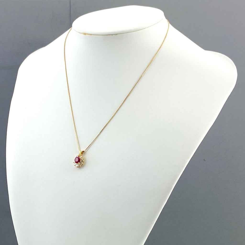 ルビー デザインネックレス YG イエローゴールド ペンダント メレダイヤ ネックレス K18 750 ルビー レディース 【中古】