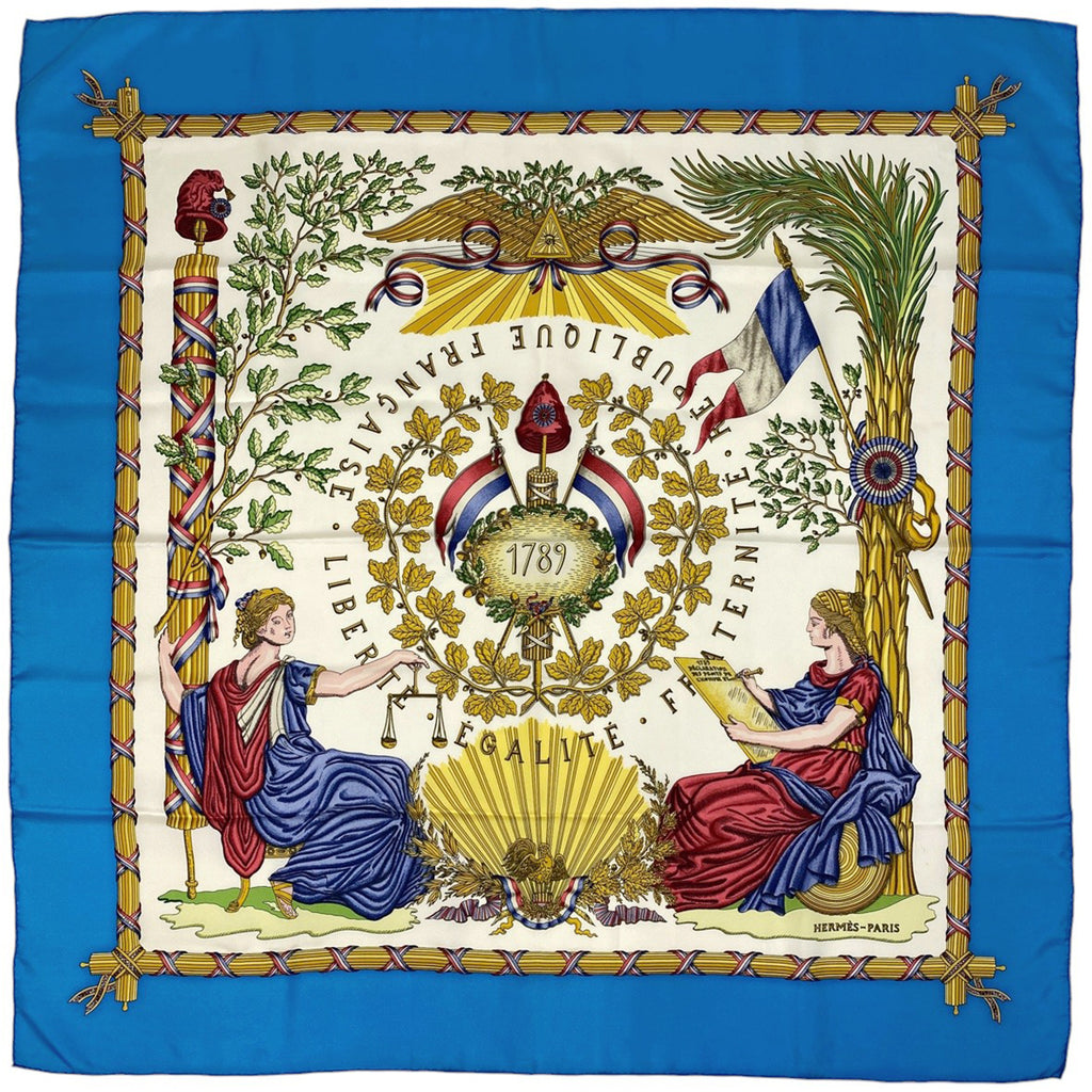エルメス カレ 90 LIBERTE EGALITE FRATERNITE REPUBLIQUE FRANCAISE 1789 フランス革命を記念して スカーフ シルク ライトブルー マルチカラー レディース 【中古】 brbag