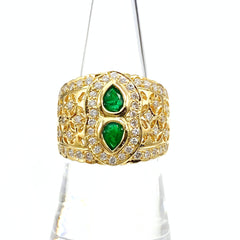 エメラルド デザインリング YG イエローゴールド メレダイヤ 指輪 リング 13号 K18 エメラルド ダイヤモンド レディース 【中古】nbjwl