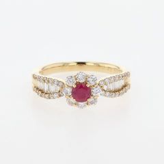 ルビー デザインリング YG イエローゴールド 指輪 メレダイヤ リング 12号 K18 ルビー ダイヤモンド レディース 【中古】nbjwl