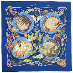 エルメス カレ 90 Grands Fonds 深海 魚 スカーフ シルク ブルー マルチカラー レディース 【中古】brbag