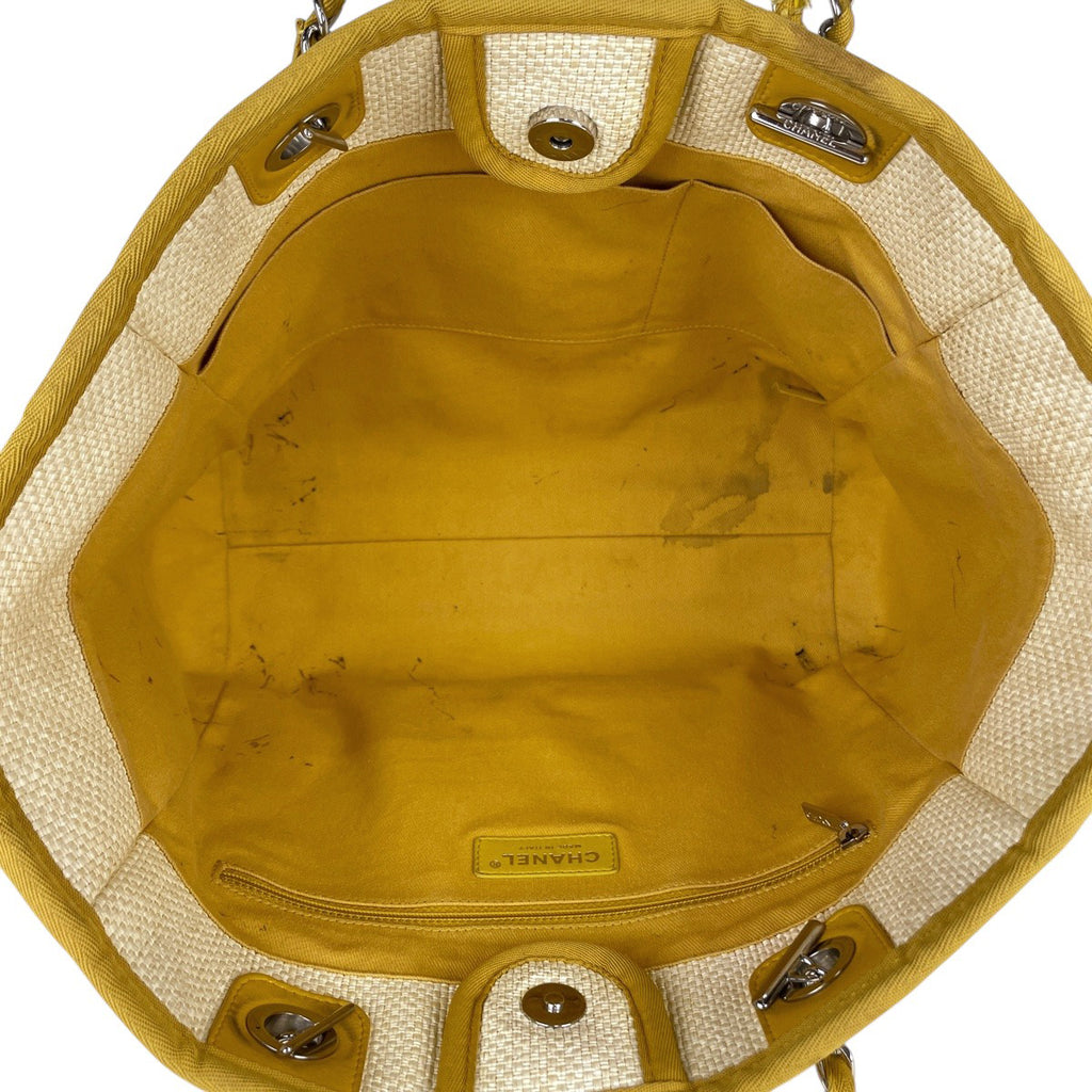 【ジャンク品】シャネル ドーヴィルライン チェーン トートバッグ ココマーク ショルダーバッグ トートバッグ キャンバス オフホワイト イエロー レディース 【中古】