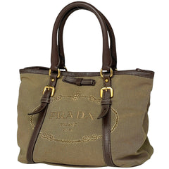 プラダ ロゴ ジャガード トートバッグ 2WAY ショルダーバッグ リボン トートバッグ キャンバス ブラウン レディース 【中古】 brbag