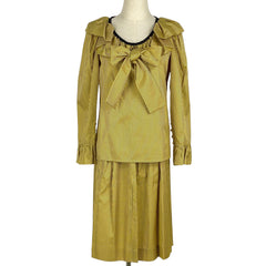 イヴ・サンローラン ボーダー柄 セットアップ プリーツ フリル リボン スーツ上下 スカートスーツ 絹 ポリエステル イエロー グレー レディース 【中古】 brapp