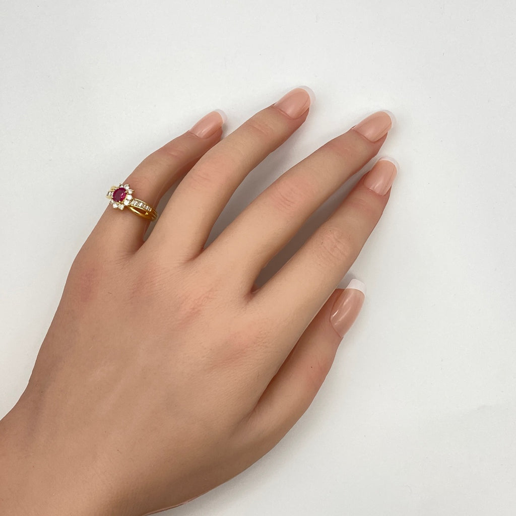 ルビー デザインリング YG イエローゴールド 指輪 メレダイヤ リング 9号 K18 ルビー ダイヤモンド レディース 【中古】nbjwl