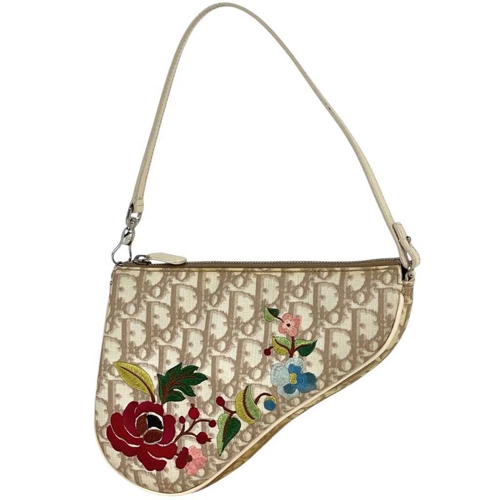 クリスチャンディオール トロッター柄 サドルバッグ フラワー 刺繍 ハンドバッグ ワンショルダー ショルダーバッグ コーティングキャンバス アイボリー マルチカラー レディース 【中古】 brbag