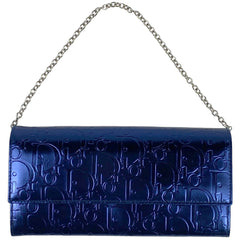 クリスチャンディオール トロッター柄 チェーンウォレット 小銭入れ 札入れ メタリック 長財布 レザー ブルー レディース 【中古】 brbag