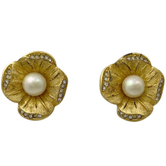 クリスチャンディオール フェイクパール デザインイヤリング ラインストーン フラワーモチーフ イヤリング GP ゴールド ホワイト レディース 【中古】 bracc