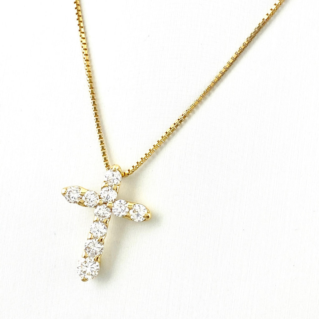 クロスモチーフ ネックレス YG イエローゴールド メレダイヤ ペンダント 十字架 ネックレス K18 ダイヤモンド レディース 【中古】nbjwl