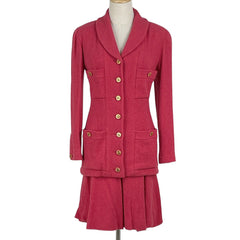 シャネル ココマークボタン スカートスーツ セットアップ フレアスカート 膝丈 ツイード スーツ上下 スカートスーツ ウール ナイロン ピンク レディース 【中古】brapp