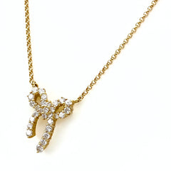 リボンモチーフ デザインネックレス YG イエローゴールド ペンダント メレダイヤ ネックレス K18 ダイヤモンド レディース 【中古】nbjwl
