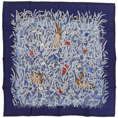 エルメス カレ 90 Lapins Dans un Champ de 麦畑とうさぎ スカーフ シルク ネイビーマルチカラー レディース 【中古】brbag