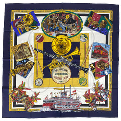 エルメス カレ 90 THE ORIGINAL NEW ORLEANS CREOLE JAZZ 1923 楽器 馬 船 スカーフ シルク ネイビー マルチカラー レディース 【中古】brbag