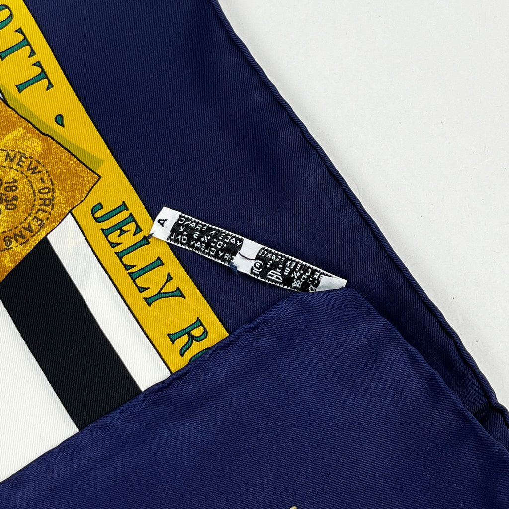 エルメス カレ 90 THE ORIGINAL NEW ORLEANS CREOLE JAZZ 1923 楽器 馬 船 スカーフ シルク ネイビー マルチカラー レディース 【中古】brbag