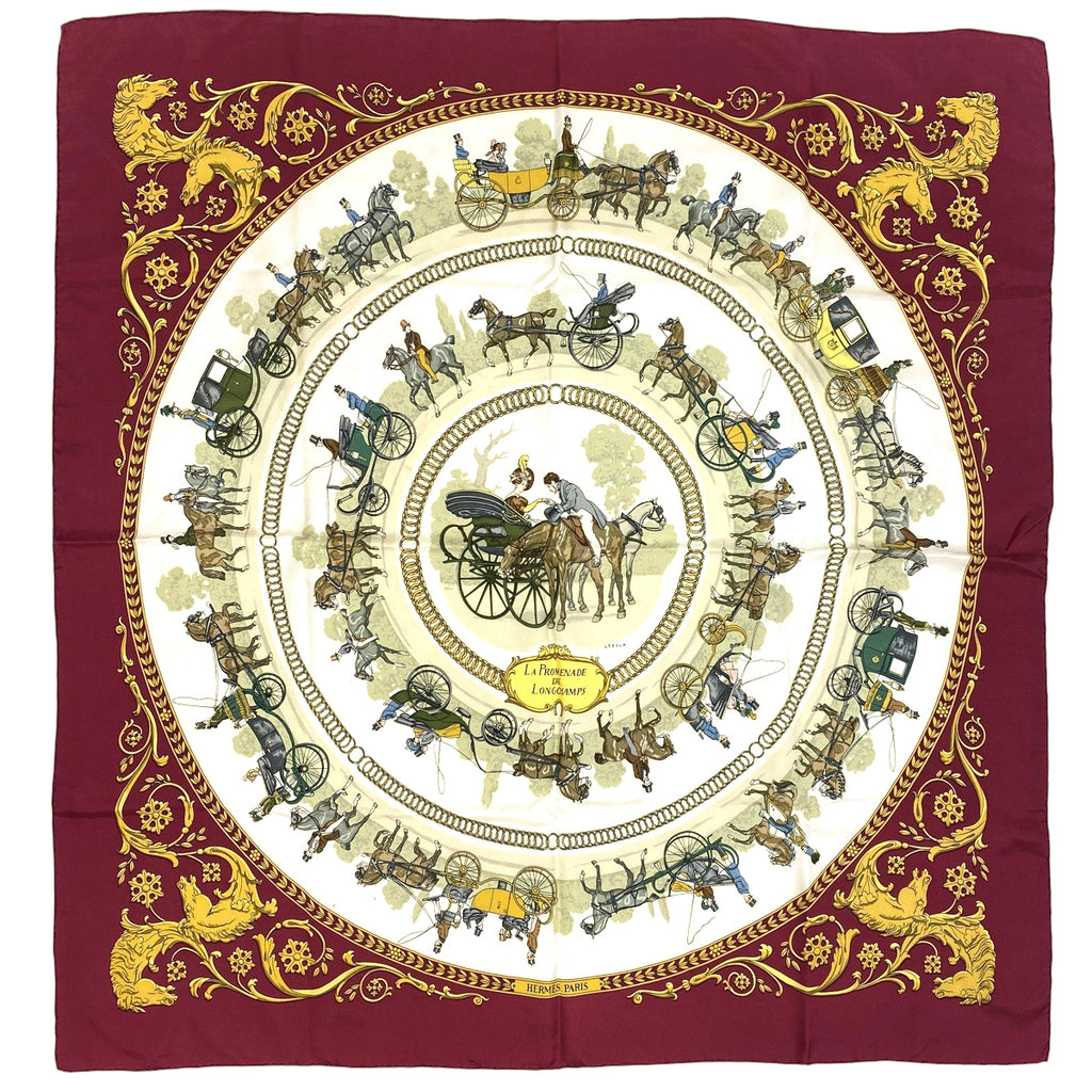 エルメス カレ 90 LA PROMENADE DE LONGCHAMPS ロンシャンへの散歩 馬車 スカーフ シルク ボルドー マルチカラー レディース 【中古】brbag