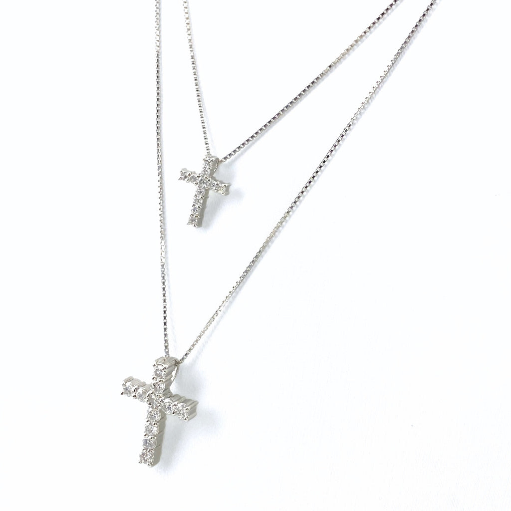 クロスモチーフ デザインネックレス プラチナ ペンダント メレダイヤ 十字架 二連 ネックレス Pt900 Pt850 ダイヤモンド レディース 【中古】nbjwl