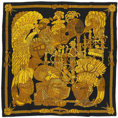 エルメス カレ 90 ARMETS en PANACHE 羽飾りの騎士兜 スカーフ シルク ブラック イエロー レディース 【中古】brbag