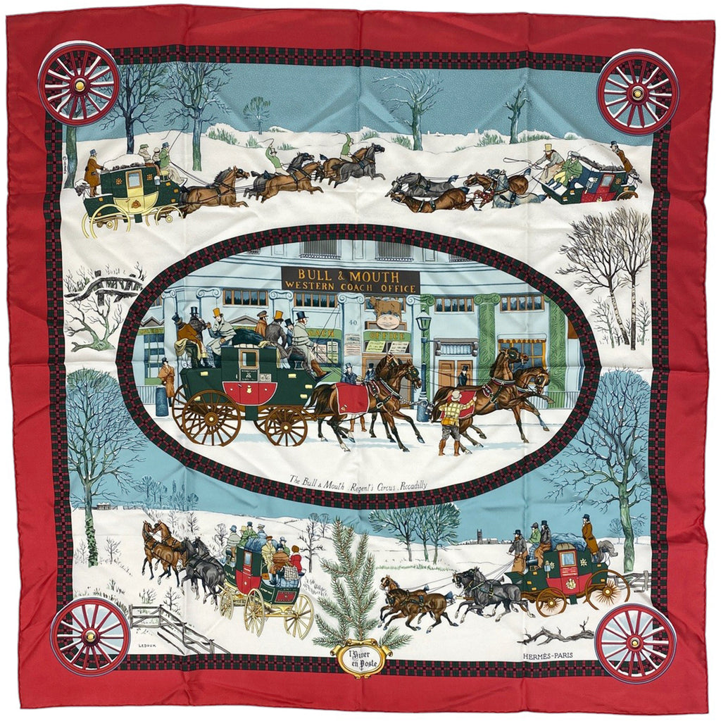 エルメス カレ 90 BULL＆MOUTH WESTERN COACH OFFICE 郵便馬車 スカーフ シルク レッド マルチカラー レディース 【中古】 
 ラッピング可
