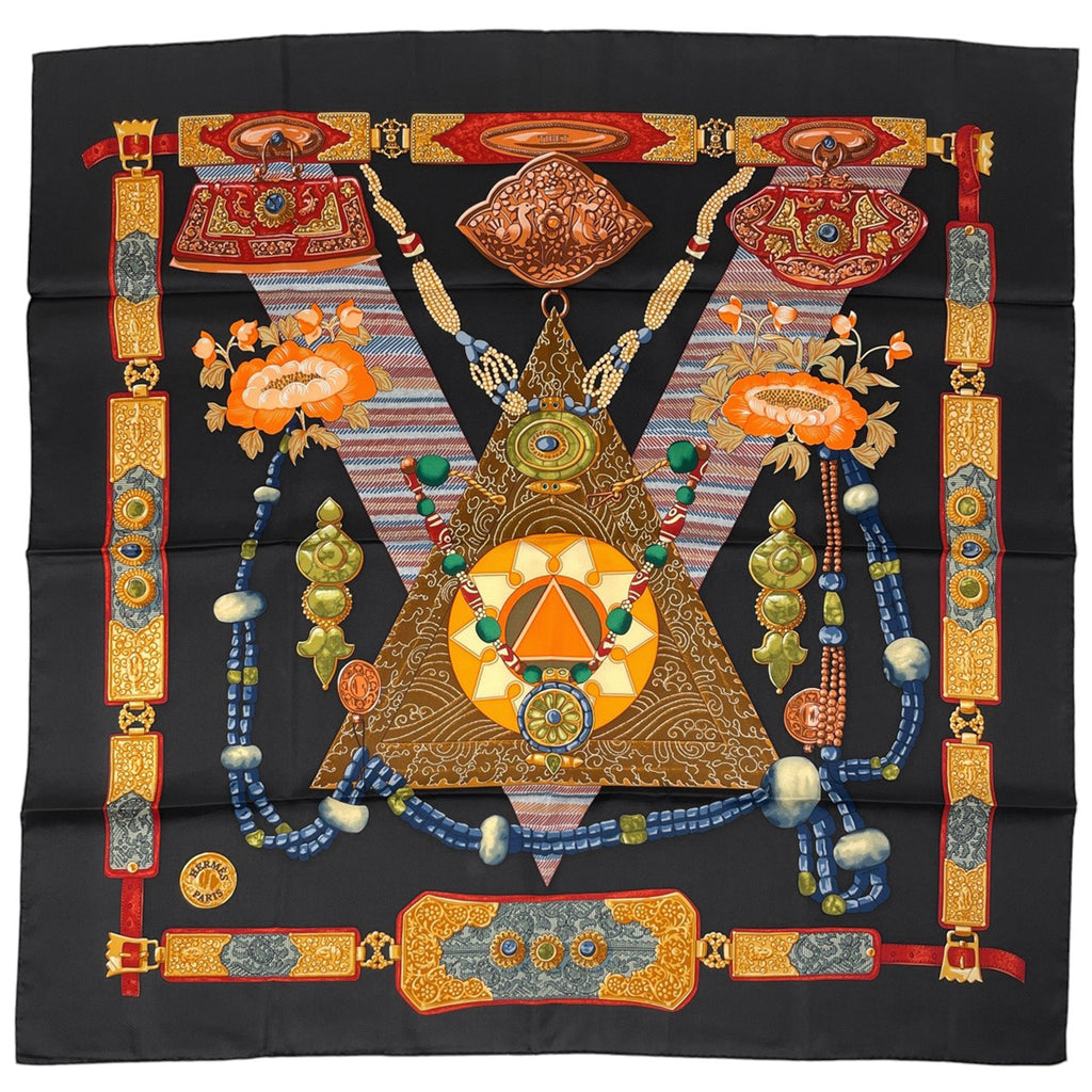エルメス カレ 90 TIBET チベット スカーフ シルク ブラック マルチカラー レディース 【中古】brbag