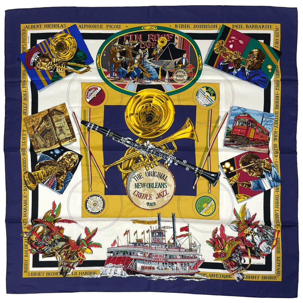 エルメス カレ 90 THE ORIGINAL NEW ORLEANS CREOLE JAZZ 1923 ジャズ 楽器 スカーフ シルク ネイビー マルチカラー レディース 【中古】brbag