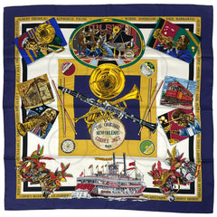 エルメス カレ 90 THE ORIGINAL NEW ORLEANS CREOLE JAZZ 1923 ジャズ 楽器 スカーフ シルク ネイビー マルチカラー レディース 【中古】brbag