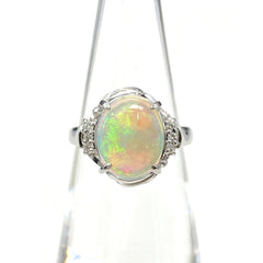 オパール デザインリング プラチナ 指輪 メレダイヤ リング 7.5号 Pt900 オパール ダイヤモンド レディース 【中古】nbjwl