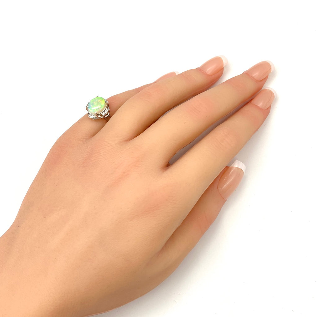 オパール デザインリング プラチナ 指輪 メレダイヤ リング 7.5号 Pt900 オパール ダイヤモンド レディース 【中古】nbjwl