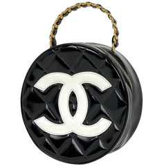 シャネル ココマーク バニティバッグ ラウンド ハンドバッグ エナメル 化粧ポーチ パテントレザー ブラック ホワイト レディース 【中古】brbag