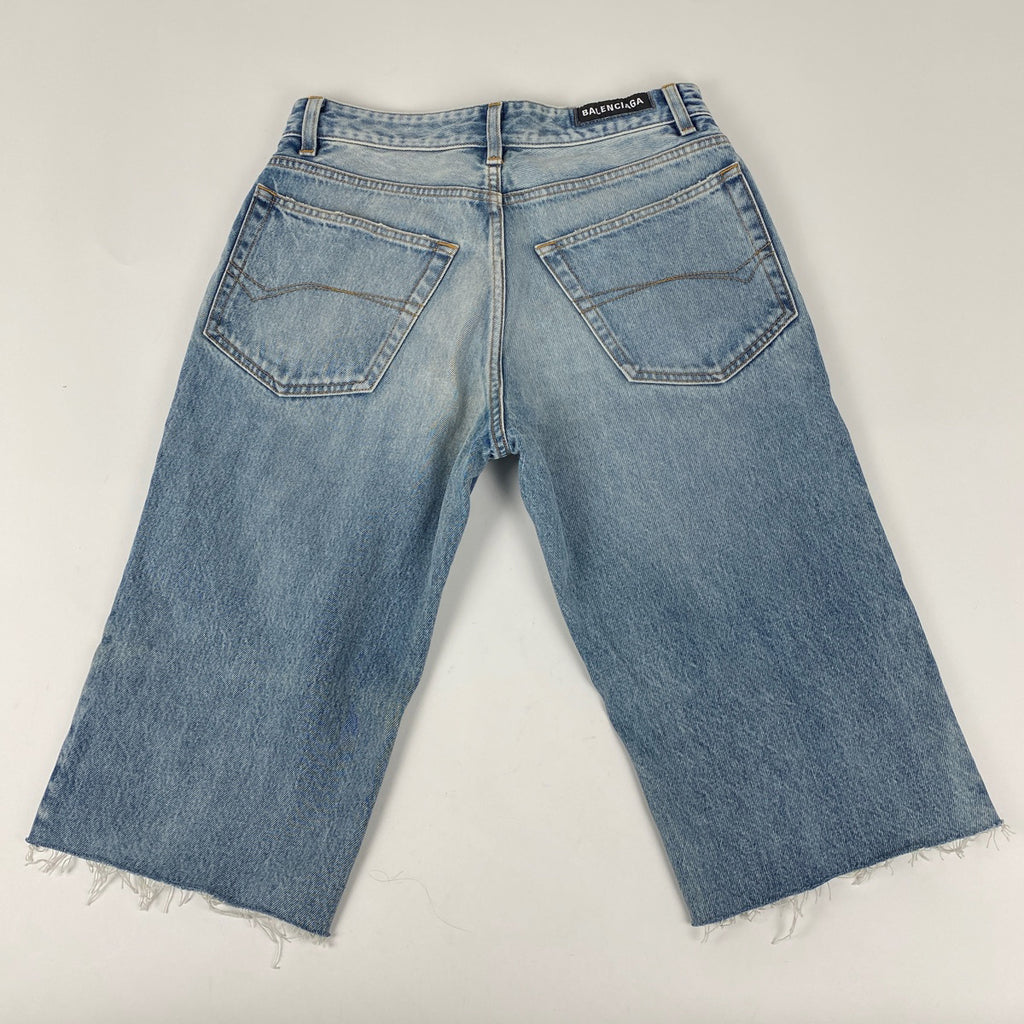 バレンシアガ ロゴボタン デニム ハーフパンツ ダメージ加工 カットオフデニム メンズ ユニセックス ボトムス デニムパンツ コットン ブルー レディース 【中古】