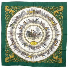 エルメス カレ 90  LA PROMENADE DE LONGCHAMPS ロンシャンへの散歩 馬車 スカーフ シルク グリーン マルチカラー レディース 【中古】 
 ラッピング可