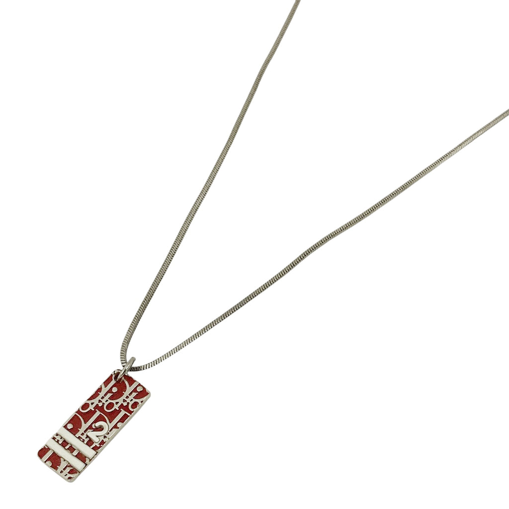 クリスチャンディオール ロゴ プレート ネックレス トロッター柄 ネックレス シルバーメッキ シルバー レッド レディース 【中古】bracc