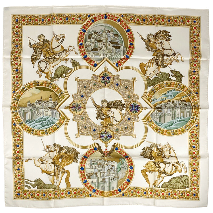 エルメス カレ 90 LE TRIOMPHE DU PALADIN 正義の騎士の勝利 スカーフ シルク アイボリー マルチカラー レディース 【中古】brbag