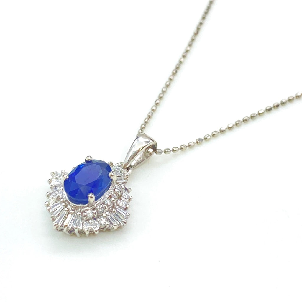サファイア デザインネックレス プラチナ ペンダント メレダイヤ  ネックレス Pt900 Pt850 サファイア レディース 【中古】 
 ラッピング可