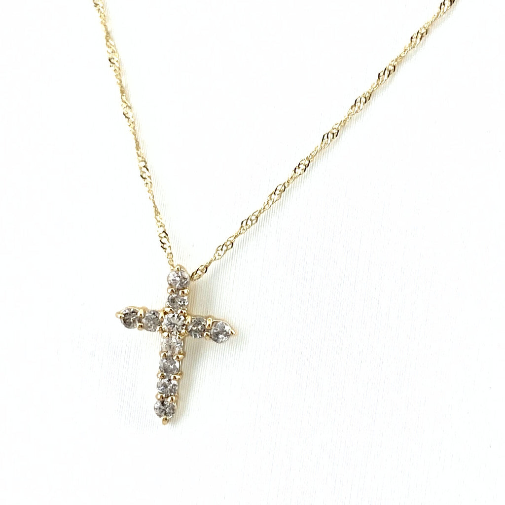 クロスモチーフ デザインネックレス YG イエローゴールド ペンダント メレダイヤ 十字架 ネックレス K18 ダイヤモンド レディース 【中古】nbjwl