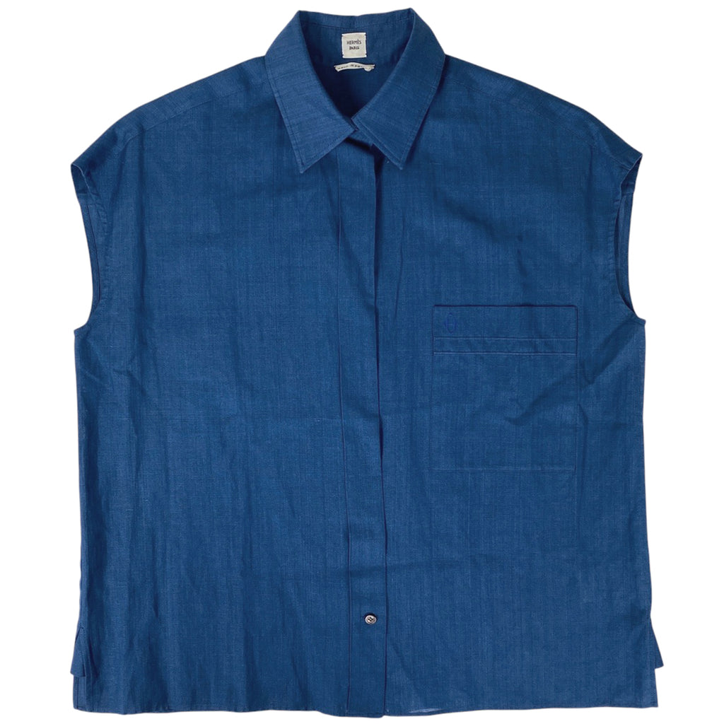 エルメス ロゴ ノースリーブ ブラウス サイドスリット シャツ トップス ブラウス 麻 綿 ブルー レディース 【中古】